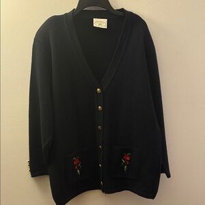 Elegant Black Cardigan with Red Floral Detail